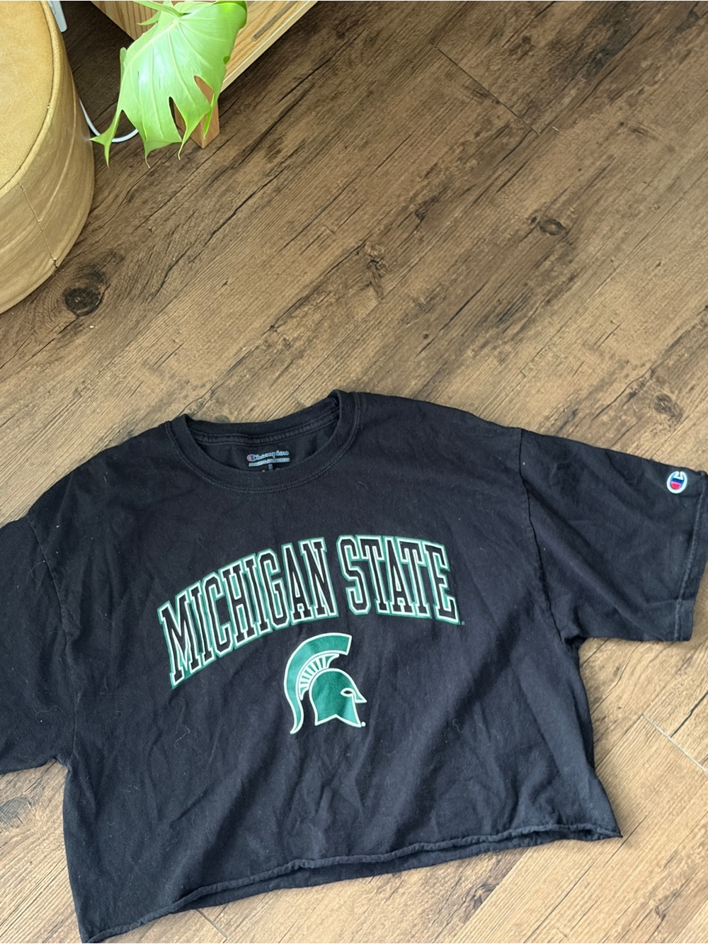 Champion Black Cropped Tee with Green Michigan State Print